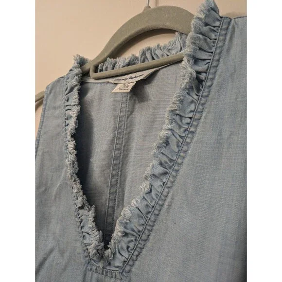 Tommy Bahama Tencel Shift Dress Sleeveless Chambray Pockets Coastal Beachy Small - Picture 3 of 10